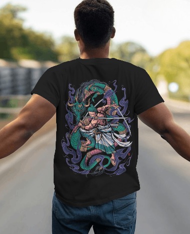 Black Graphic T-Shirt - Dragon samurai Anime 