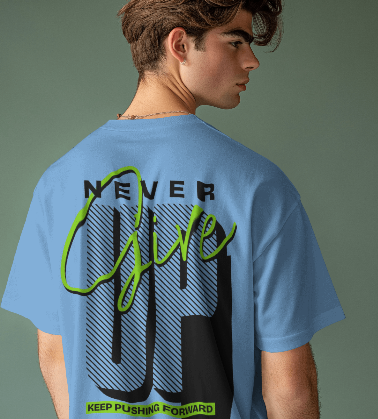 Sky Blue T-shirt Never Give Up Down Shoulder